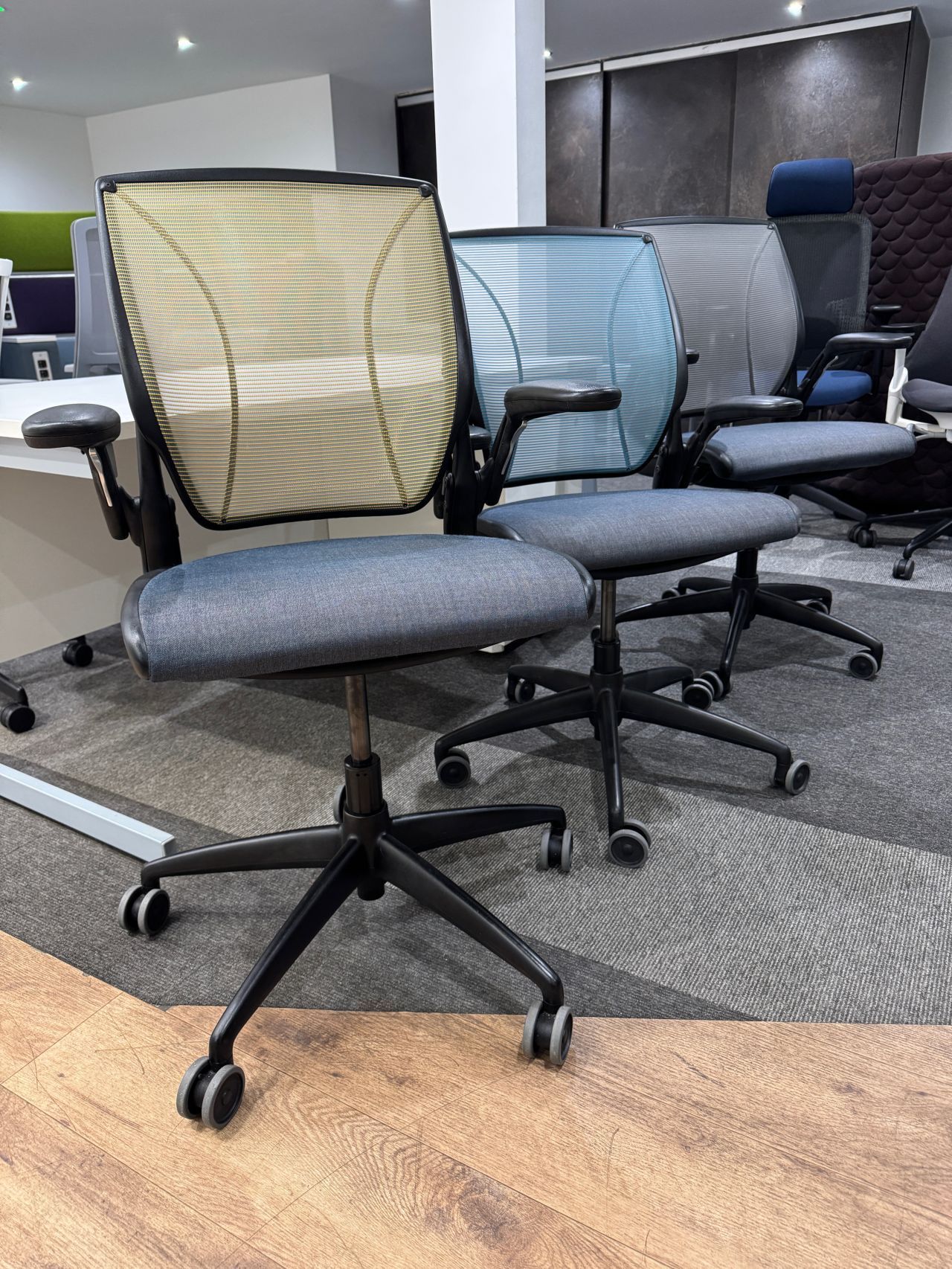 Office chairs with mesh backs and gray seats in a showroom setting.