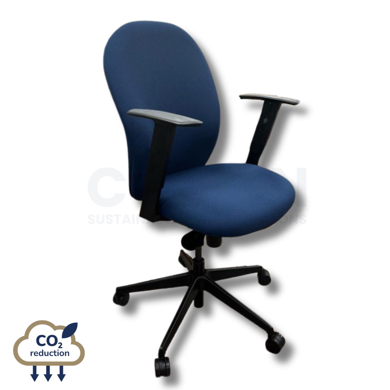 Blue office chair with black arms and base, CO2 reduction logo in the corner.