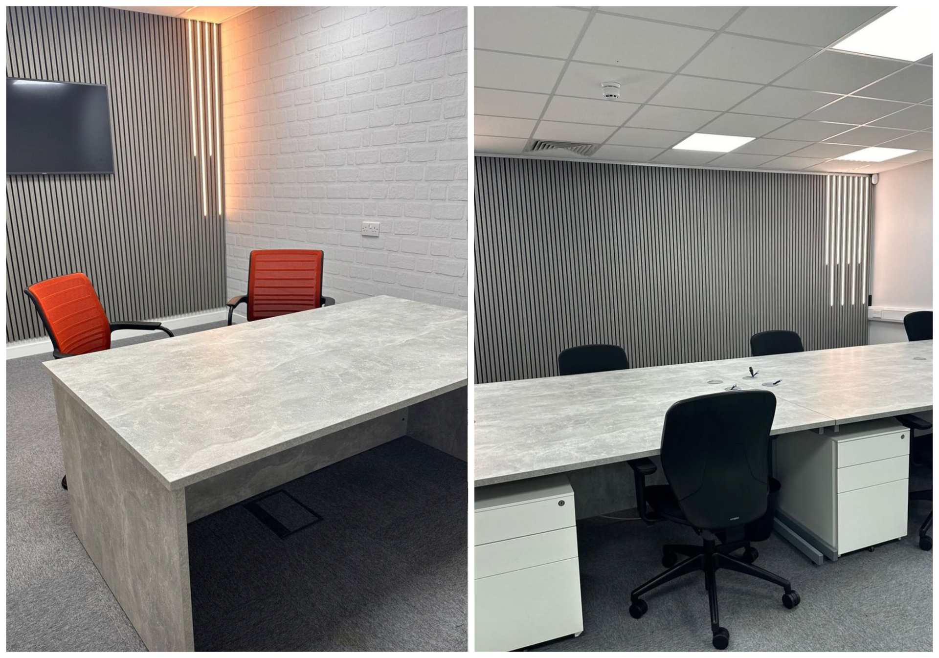 Two office conference rooms: one with red chairs, the other with black chairs, both with a long gray table and abstract wall art.