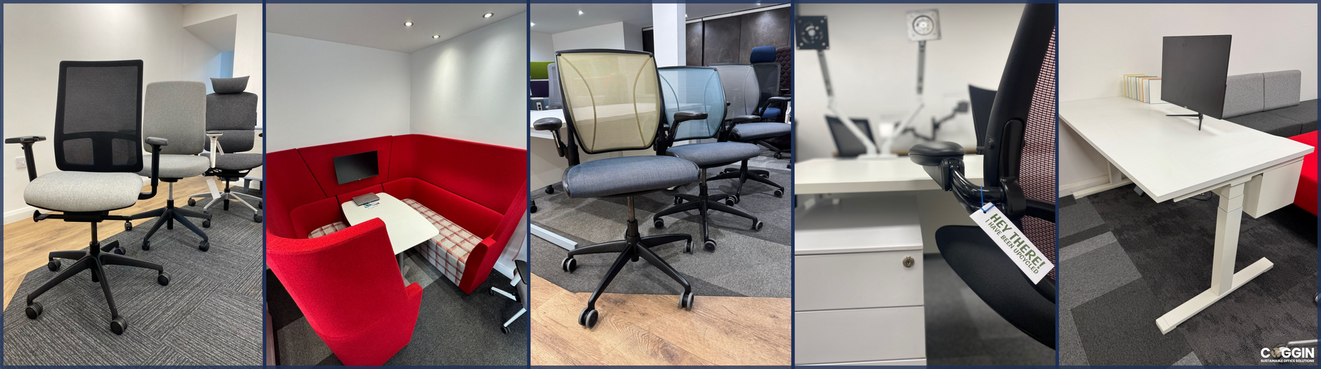 Five office space views with chairs, tables, and red couch.