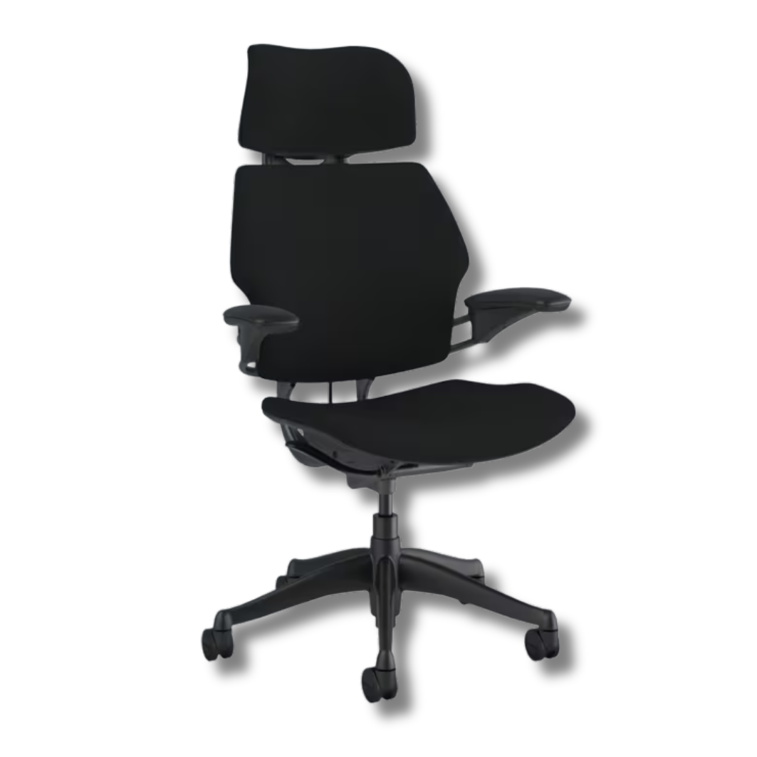 Used Humanscale Freedom Black ergonomic office chair with headrest and adjustable arms.