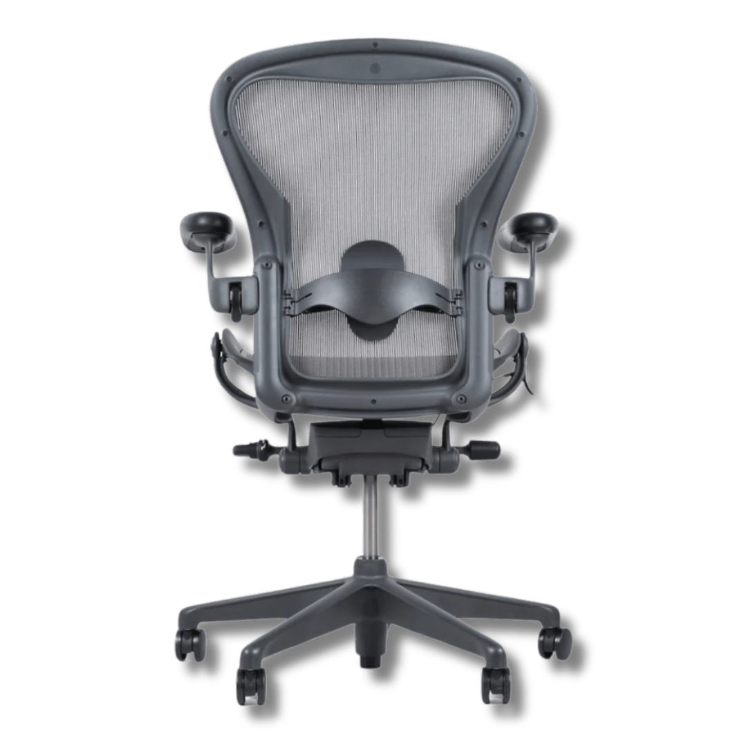 Used Herman Miller Aeron A gray ergonomic office chair with a mesh back and adjustable arms, seen from behind.
