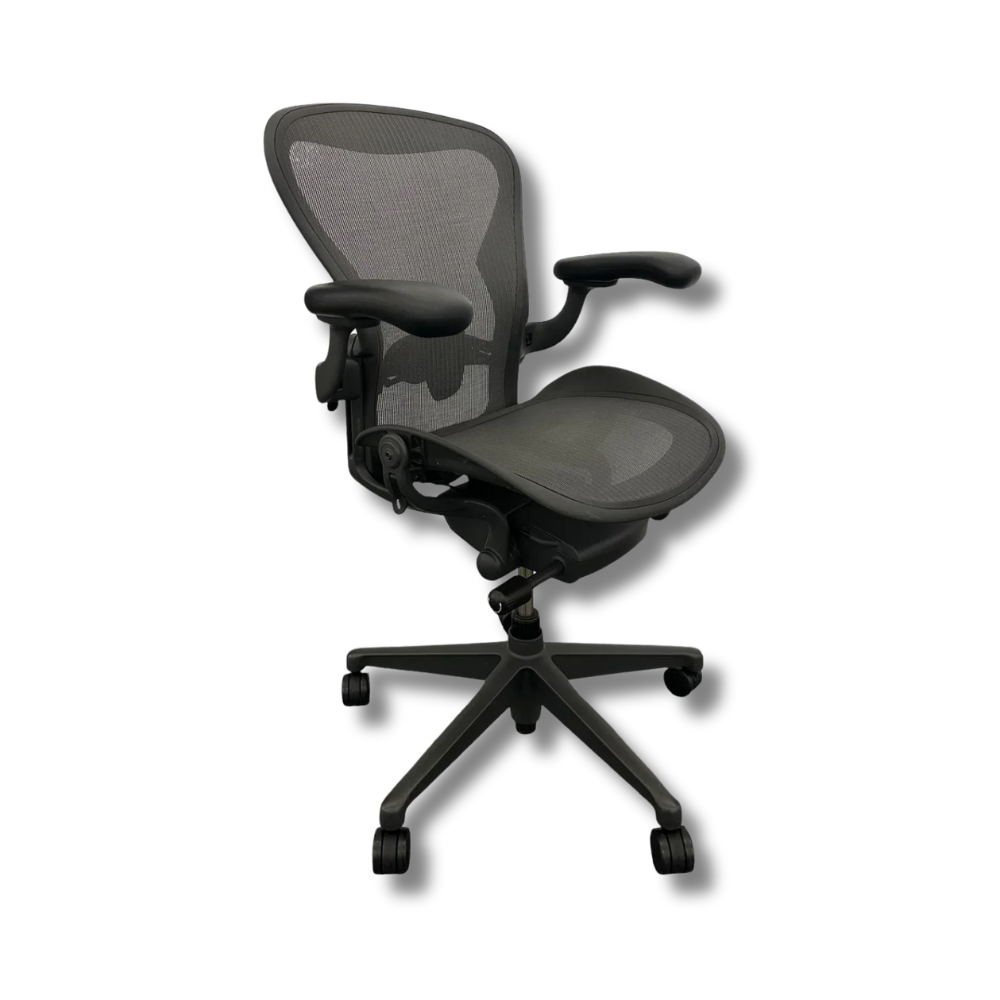Used Herman Miller Aeron Black mesh ergonomic office chair with adjustable arms, seat, and base.