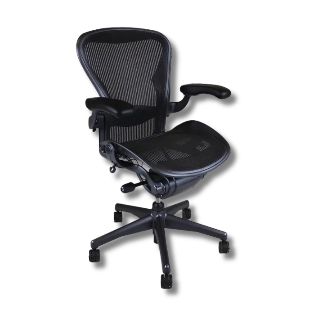 Used Herman Miller Aeron Black ergonomic office chair with mesh back and seat, armrests, and five-star base.
