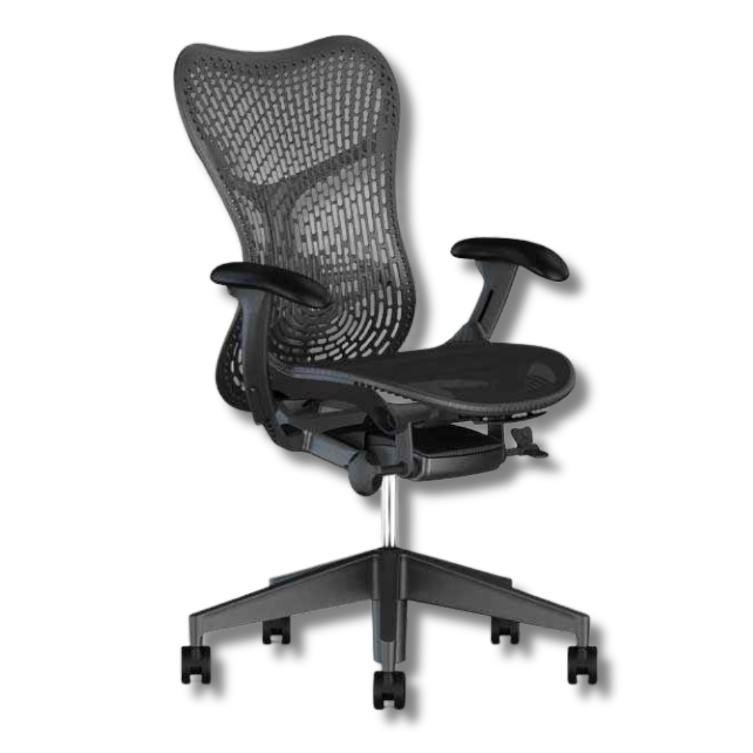 Used Herman Miller Mirra Black ergonomic office chair with a mesh back and seat, armrests, and a five-star base with wheels.