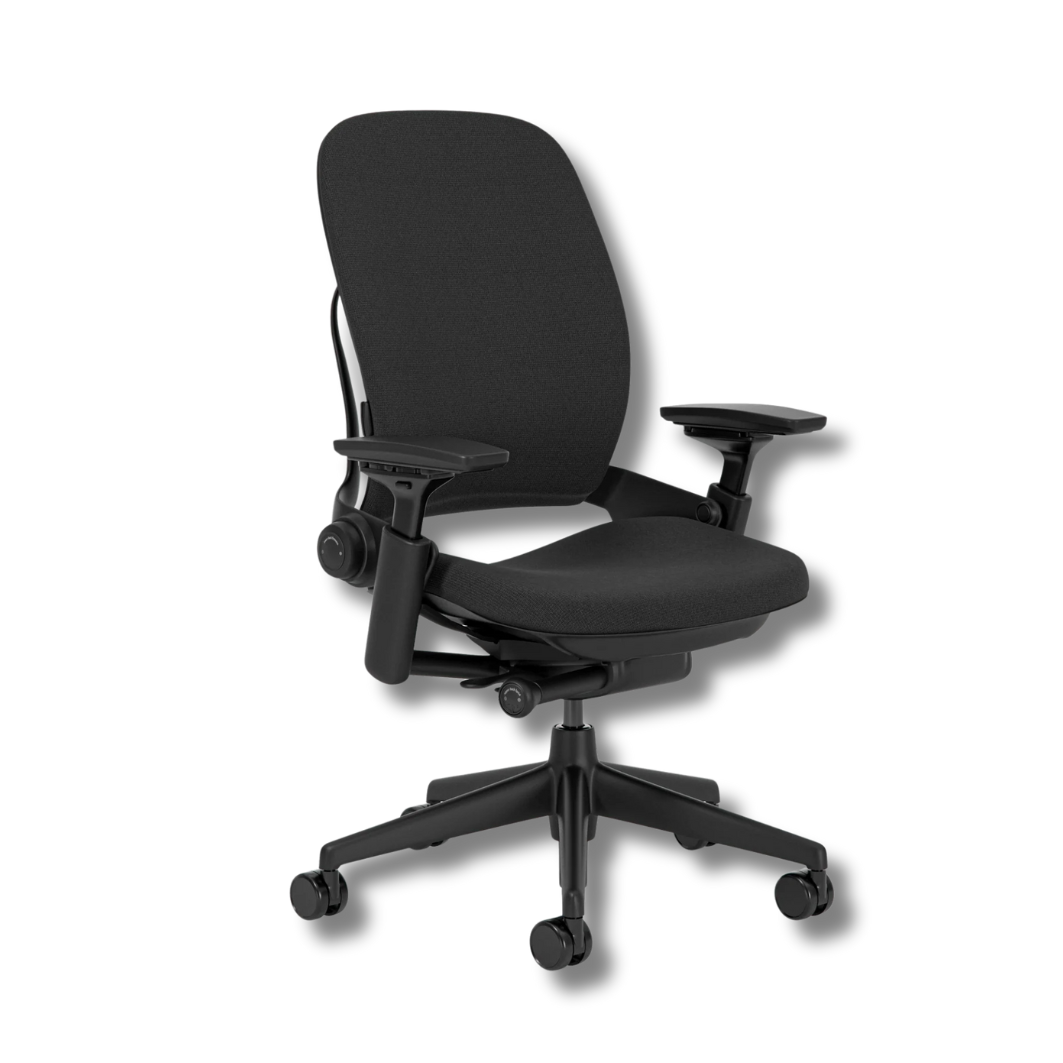 Used Steelcase Leap Black ergonomic office chair with adjustable arms, back, and seat on wheels.