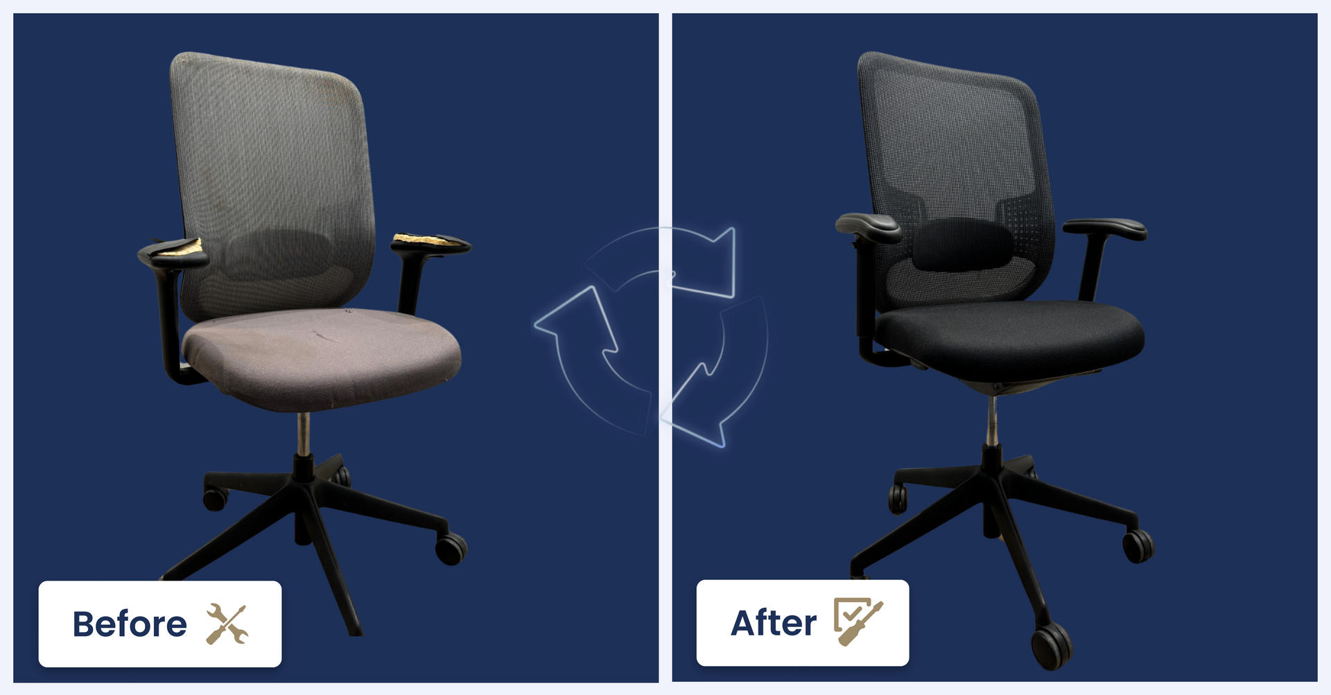 Office chair before and after transformation; gray to black; on a blue background.