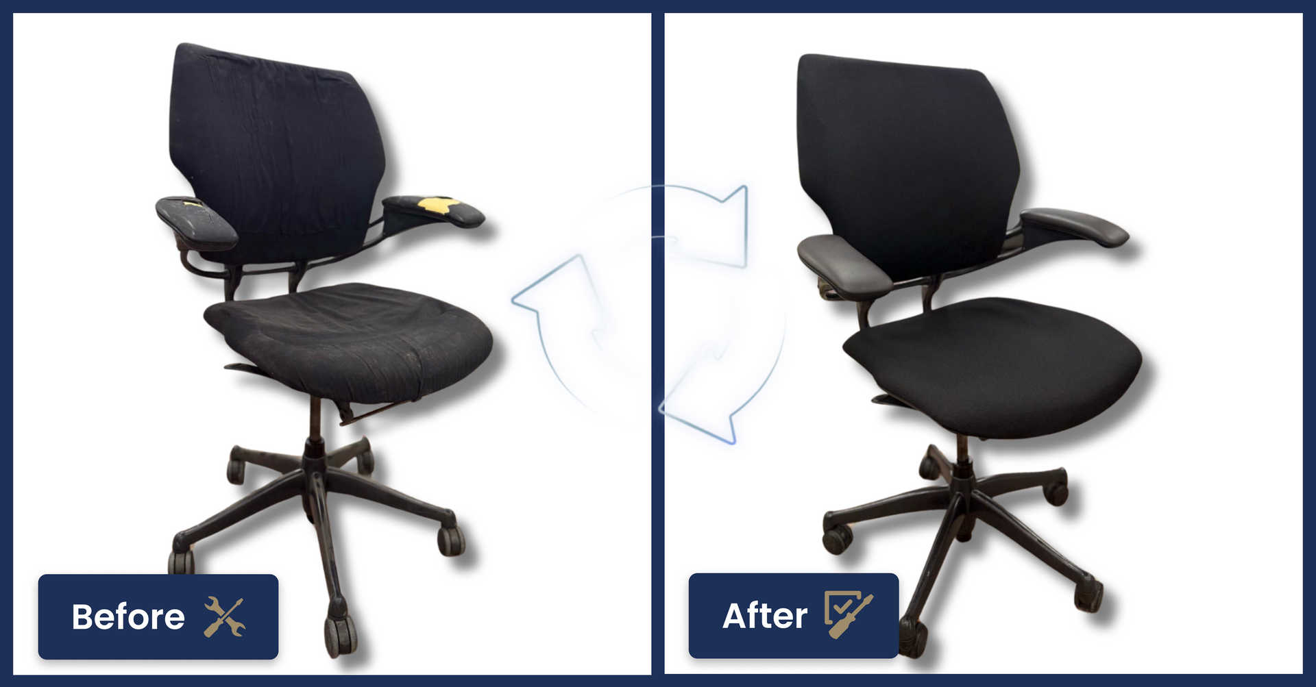 Comparison of a black office chair before and after a change.