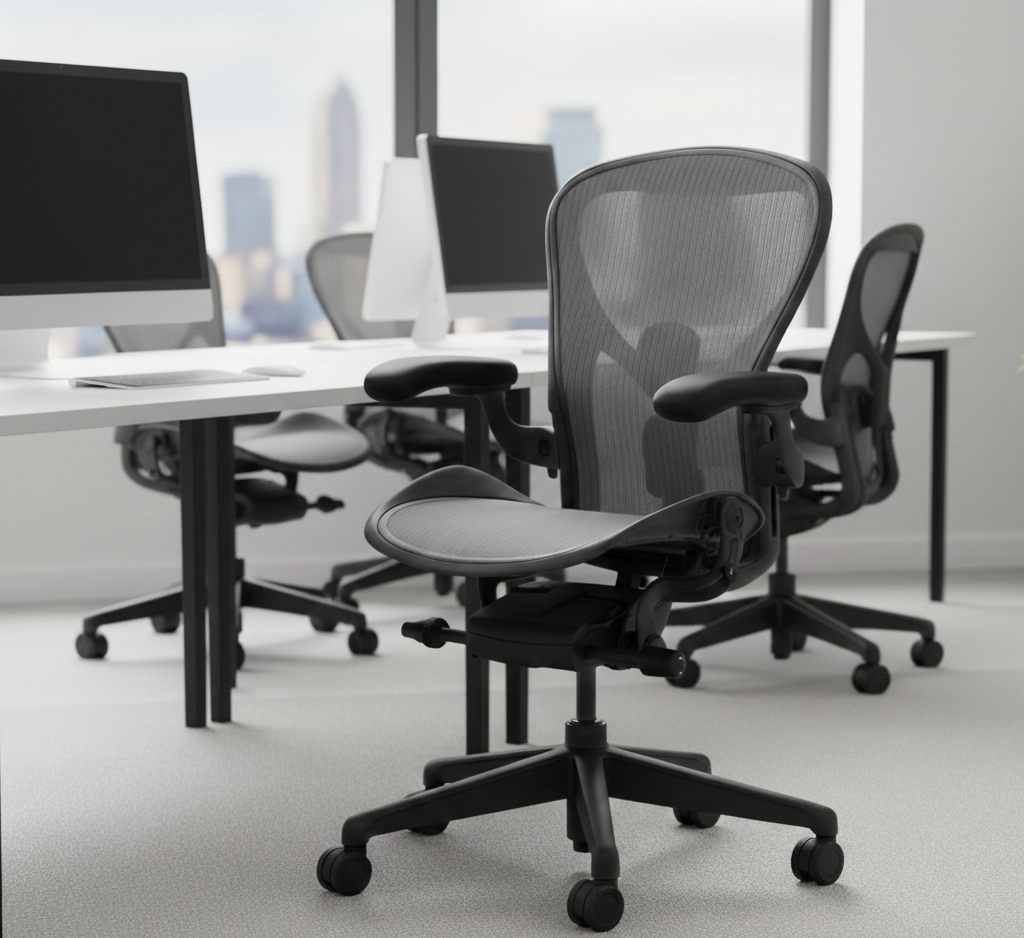 Herman Miller Aeron Office chairs at desks with computers, in a modern office.
