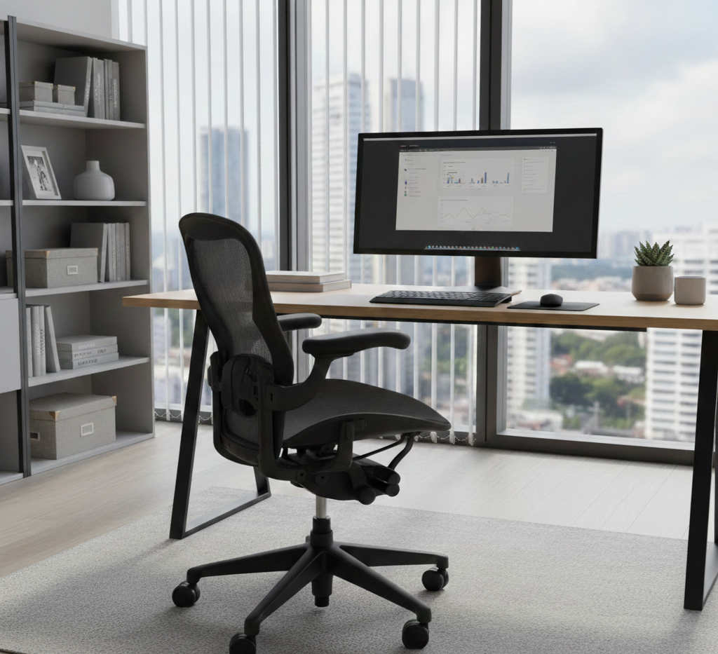 Used Herman Miller Aeron Office desk with black chair, computer, and bookshelf, overlooking a city.