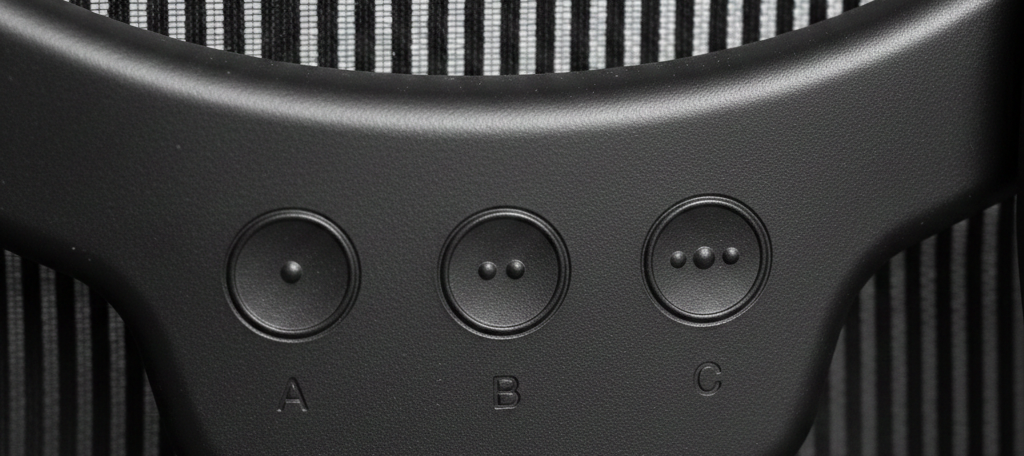 Close-up of three circular buttons with a single, two, and three raised dots. Letters A, B, and C are below.
