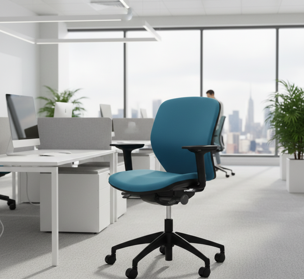 Blue office chair in modern office setting with city view.