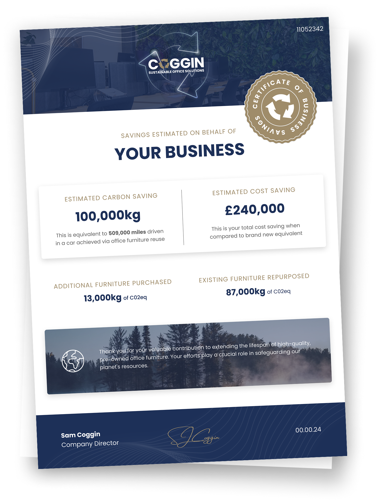 Brochure: Godwin logo, recycling seal. Shows business data: 106,000kg, £240,000, recycling metrics. Blue tones.