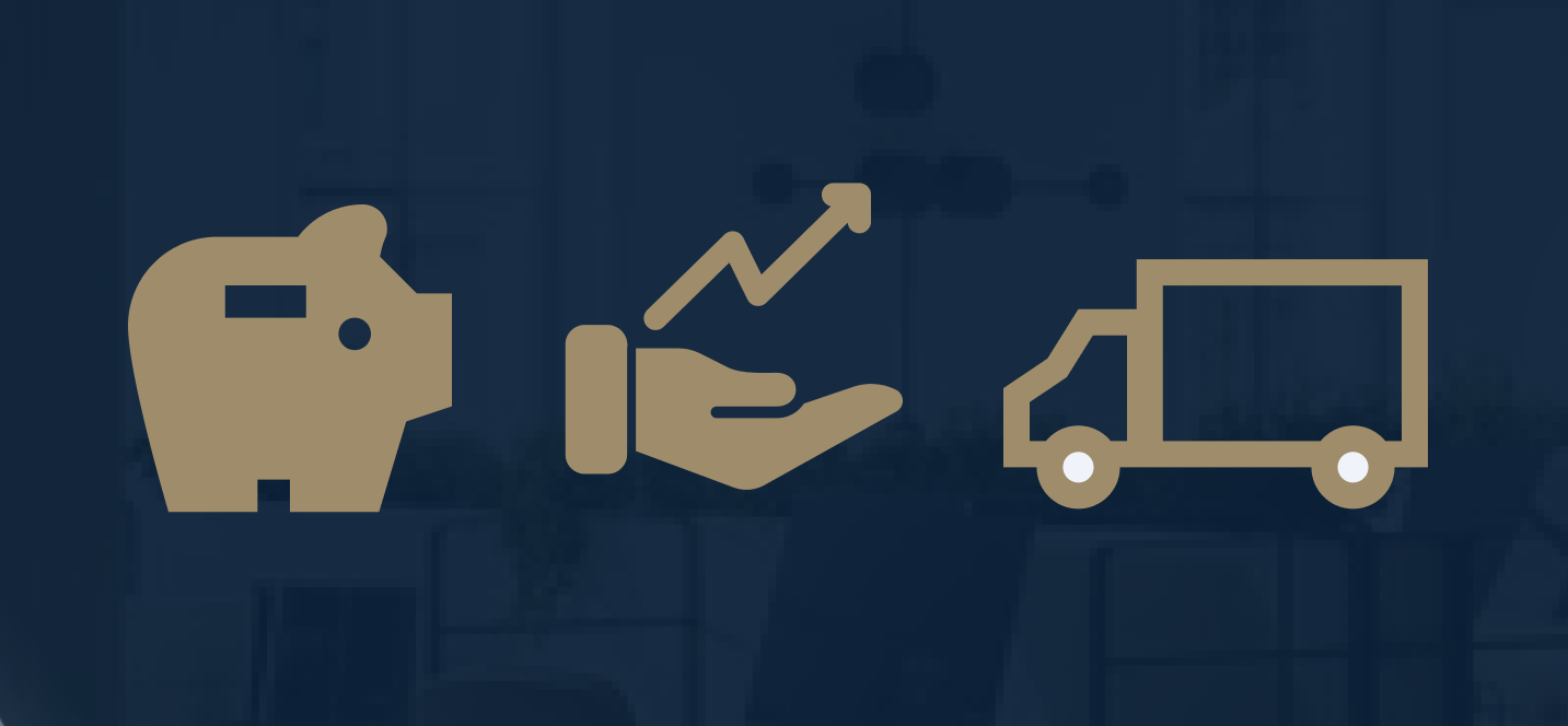 Icons representing savings, growth, and delivery on a navy background.