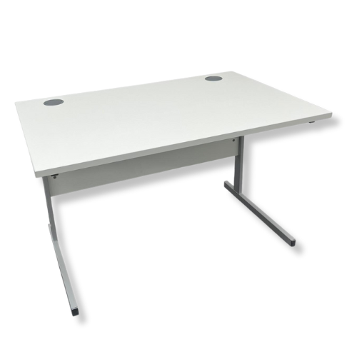 Refurbished rectangular office desk with a white top and grey cantilever frame