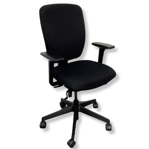 Black office chair with adjustable armrests on white background.