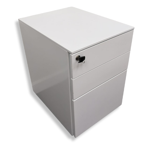 White metal office cabinet with three drawers and a key lock.