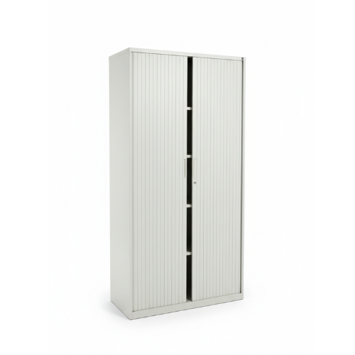 Tall, light-colored metal cabinet with sliding doors, showing interior shelves.