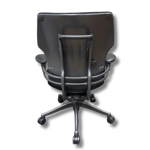 Refurbished Humanscale Freedom low back, rear view showing the back panel and Humanscale badge