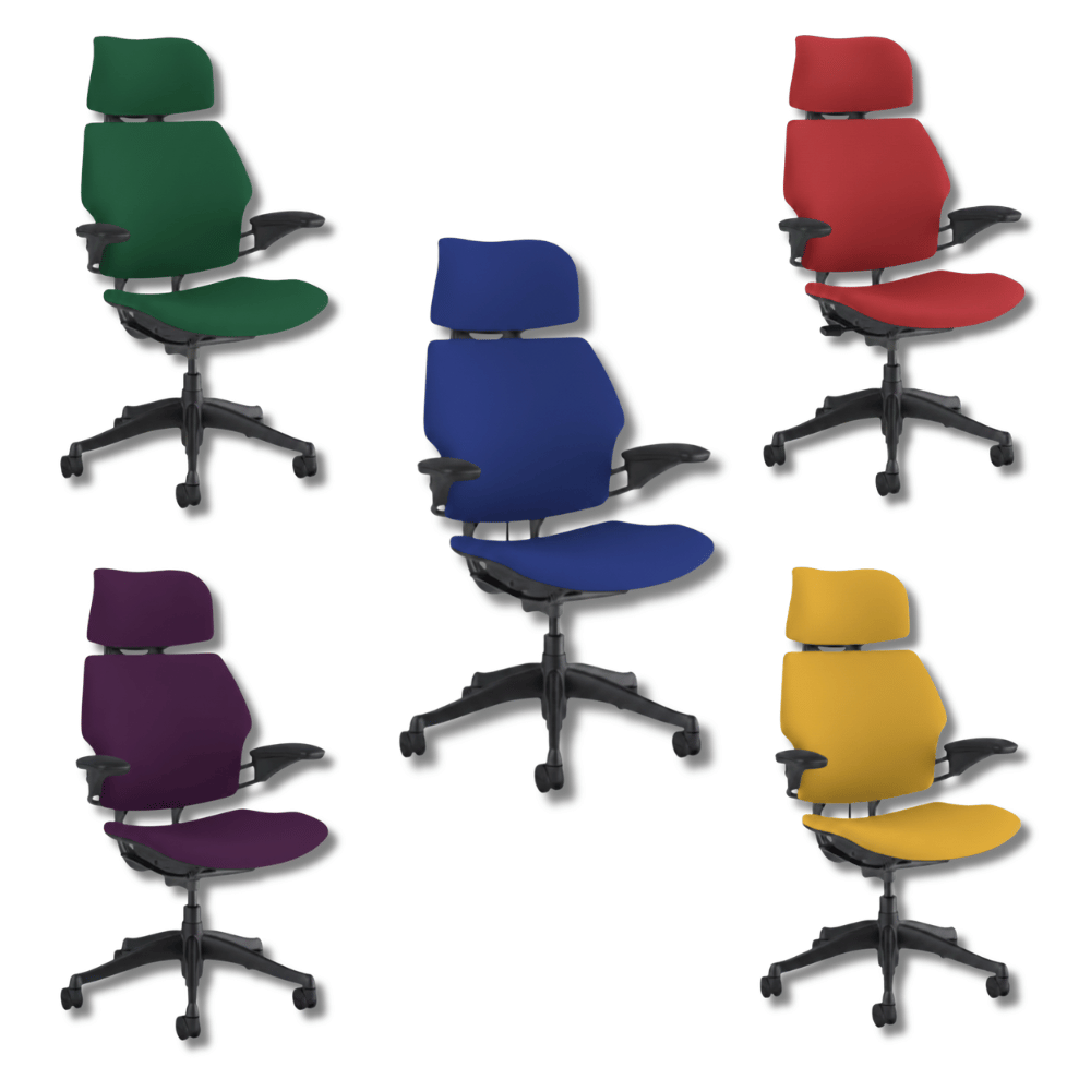 Five Humanscale Freedom chairs in green, blue, red, purple and yellow upholstery
