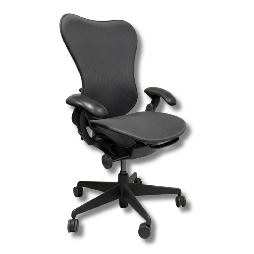 Black office chair with mesh back, adjustable armrests, and five-wheel base.