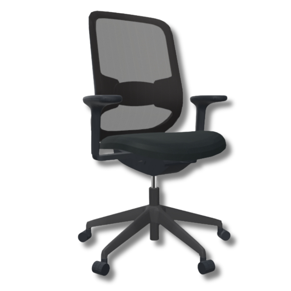 Used Orangebox Do Black office chair with mesh back and adjustable arms on a white background.