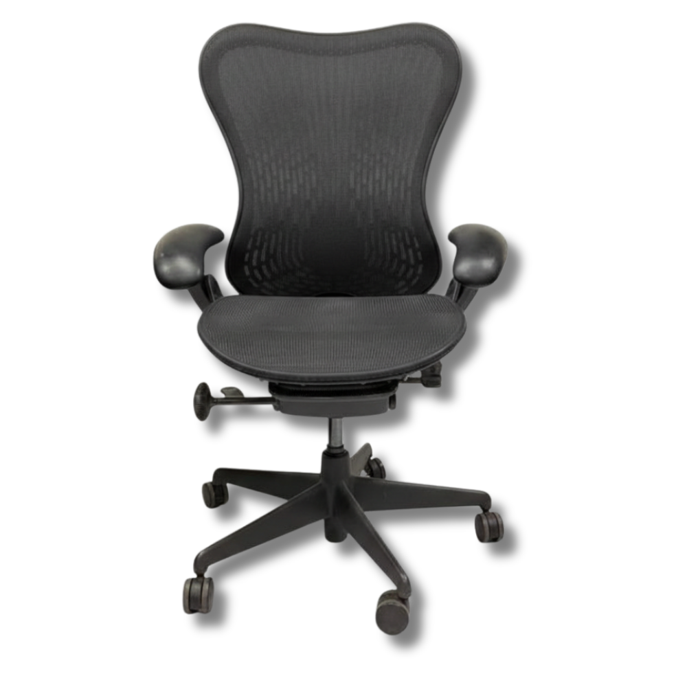Used Herman Miller Aeron Black ergonomic office chair with a mesh back and seat, armrests, and a five-star base.