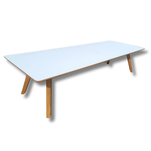 Refurbished meeting table with white top and oak legs