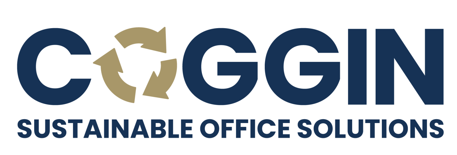 Logo of COGGIN, sustainable office solutions; navy blue text, a gold recycle symbol, white background.