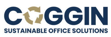 Logo of COGGIN, sustainable office solutions; navy blue text, a gold recycle symbol, white background.