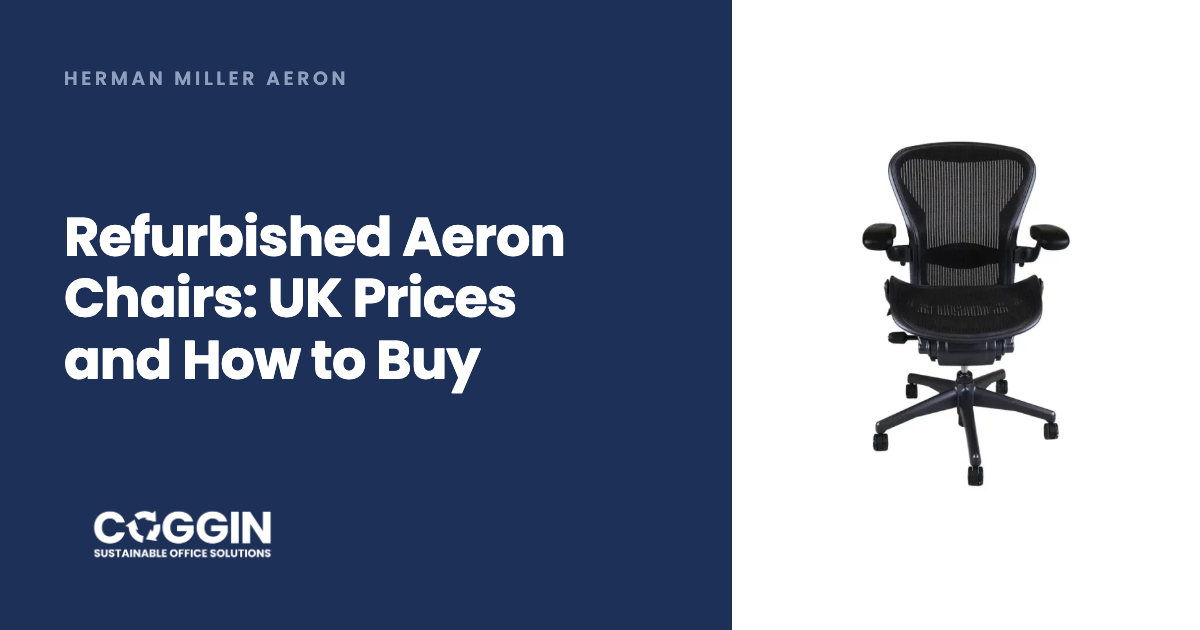 A refurbished graphite Herman Miller Aeron chair, shown from the front.