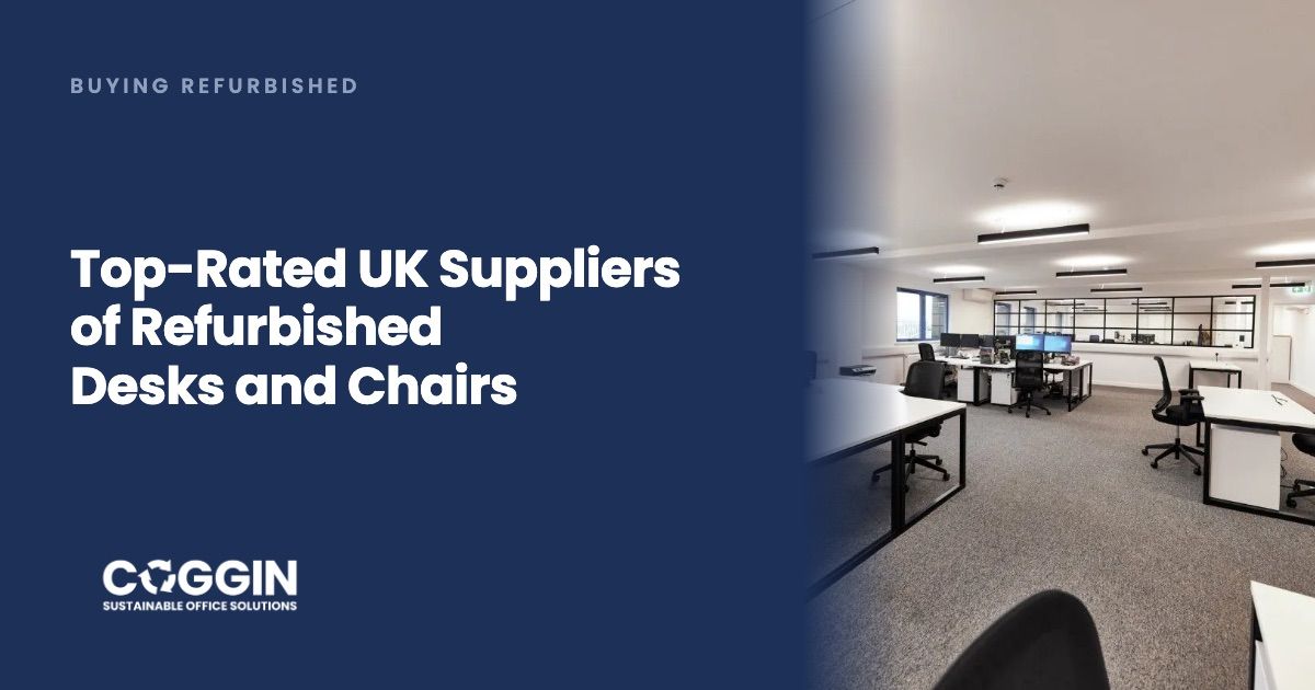 An office fitted out with refurbished bench desks and black task chairs.