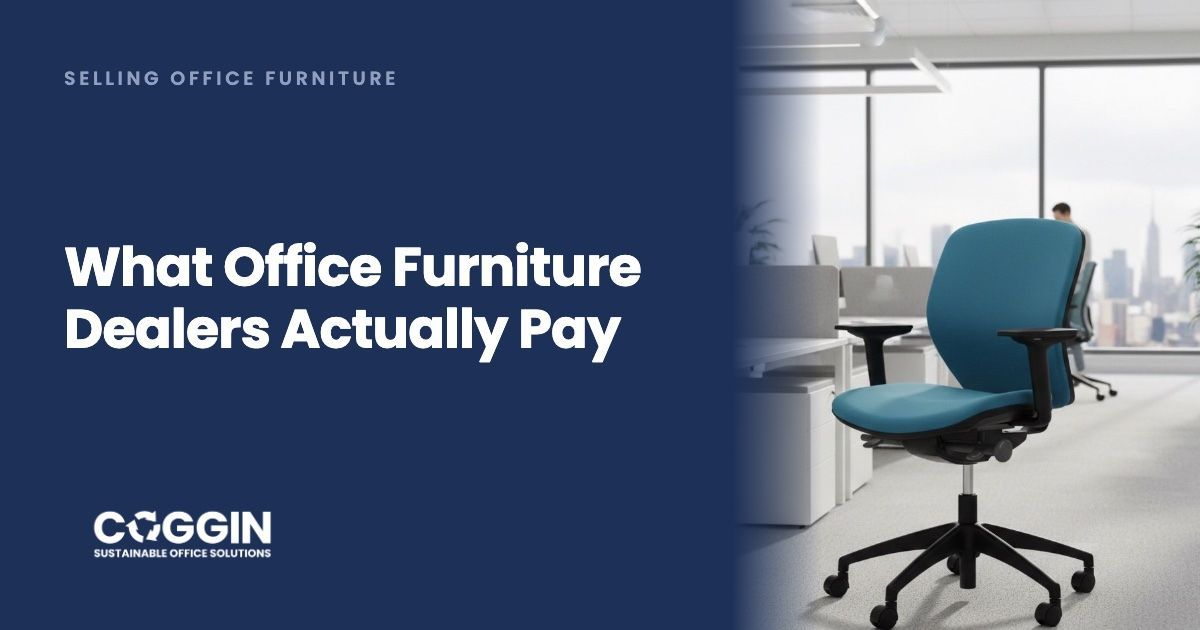 A teal task chair in an open plan office with a city view.