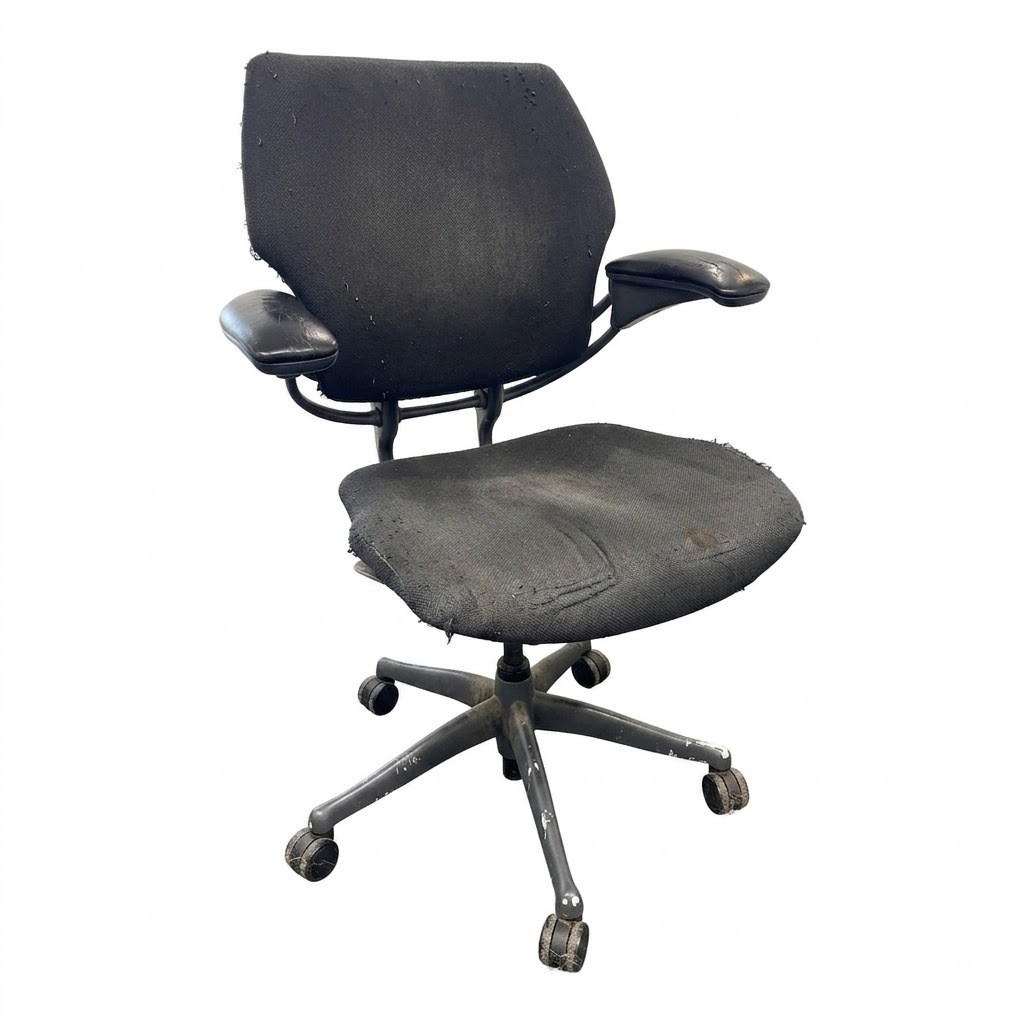 Humanscale Freedom chair before refurbishment: worn seat fabric, collapsed foam, scuffed star base and castors