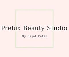 A logo for a beauty studio called prelux beauty studio by sejal patel.