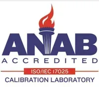 ANAB Accredite d calibration laboratory logo with red torch and ISO/IEC 17025 label