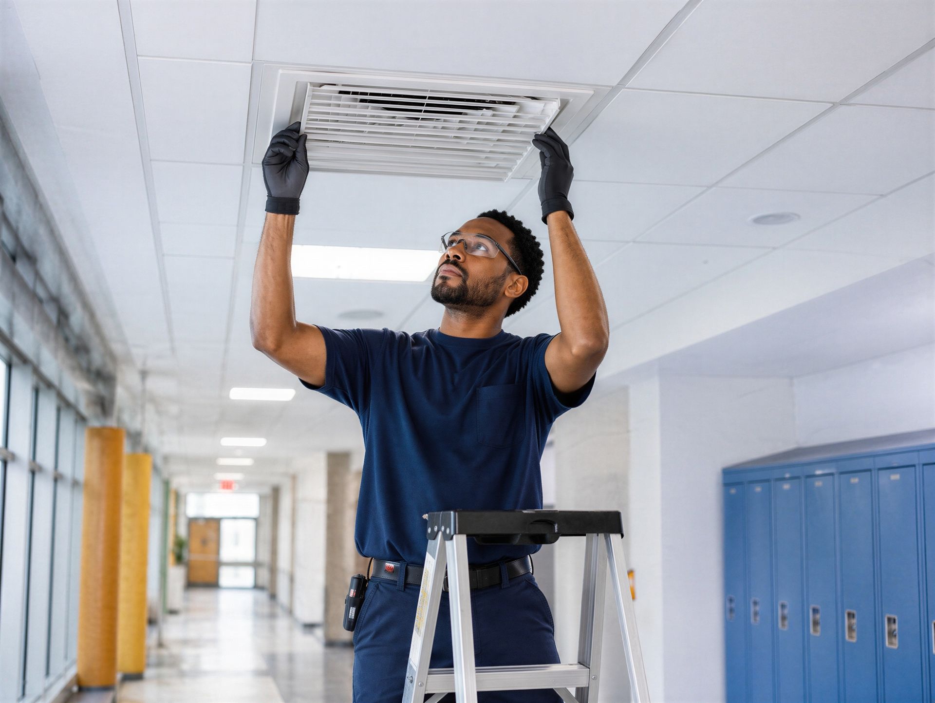 Technician standing on ladder installing ceiling ventilation grille in school hallway. Technician standing on ladder installing ceiling ventilation grille in school hallway