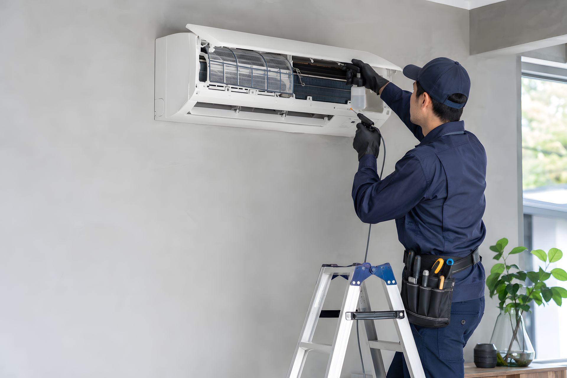 HVAC technician servicing air conditioner. HVAC technician servicing air conditioner.