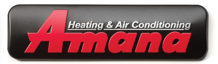 Amana Heating & Air Conditioning logo in red and white on a black rectangle.