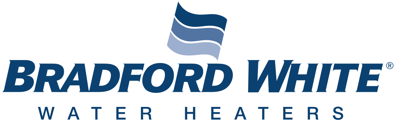 Bradford White Water Heaters logo with blue flag design.
