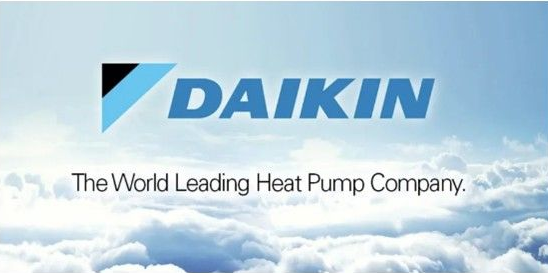 Daikin logo with a stylized triangle, against a sky and cloud background. Text reads, 