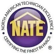 NATE HVAC certification logo with gold letters on a purple circular seal, surrounded by North American Technician Excellence text