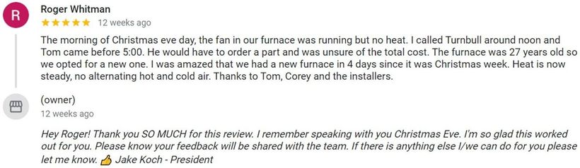 Review of a business by Roger Whitman, with a reply from Jon Karl. Text states service was provided on Christmas Eve.