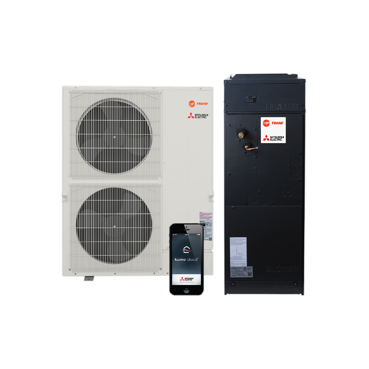 Heat pump system with outdoor unit, indoor unit, and smartphone app showing control interface.