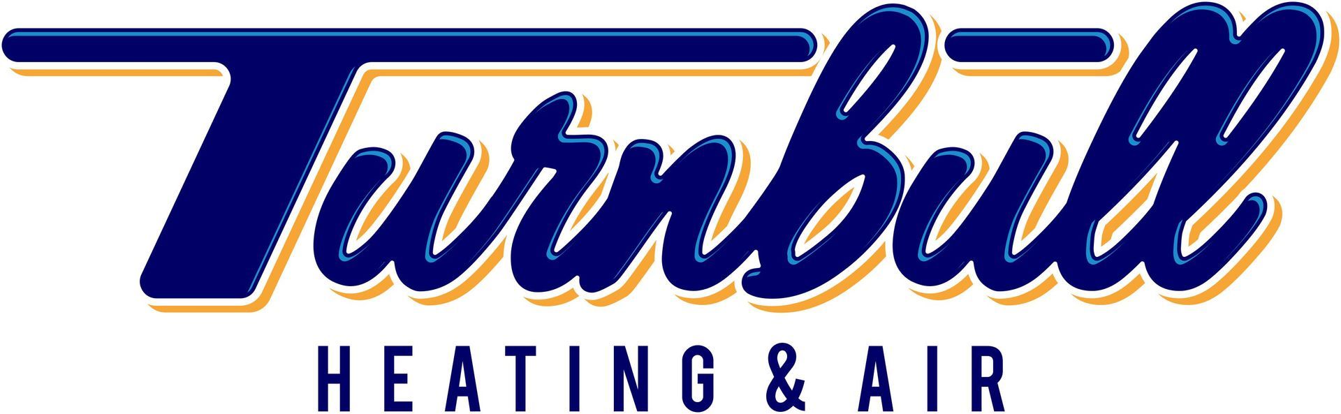 Logo for Turnbull Heating & Air. Blue script font with gold outline, and 