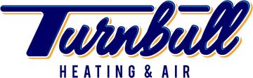 Logo for Turnbull Heating & Air. Blue script font with gold outline, and