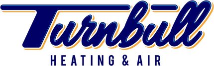 Logo for Turnbull Heating & Air. Blue script font with gold outline, and 