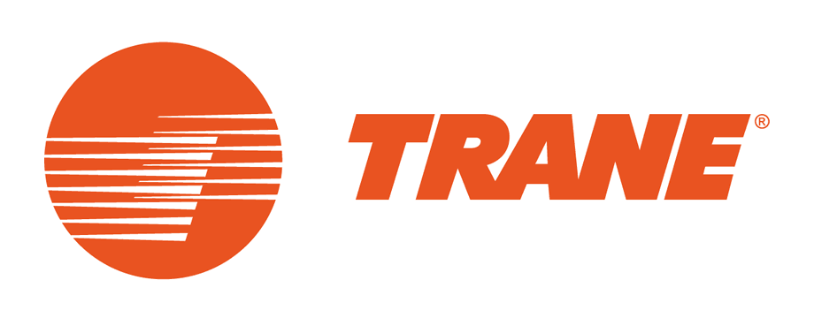 Trane logo: Orange circle with horizontal lines, next to orange