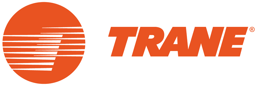 Trane logo: Orange circle with horizontal lines, and the company name in orange.