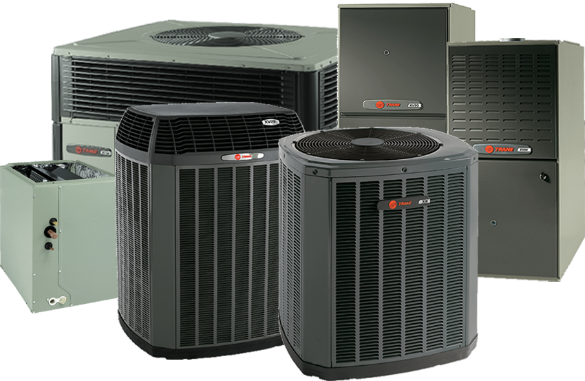 Various Trane HVAC units in different sizes and configurations; gray and black.